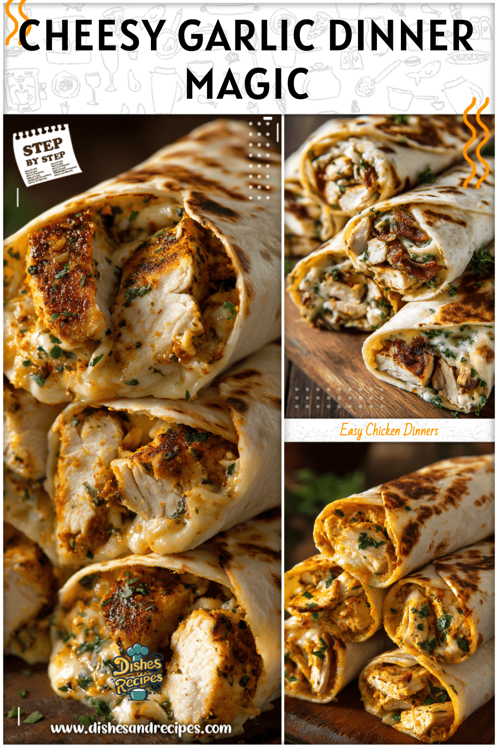 Cheesy garlic chicken wraps filled with chicken, cheese, and herbs served as easy on the go dinners.